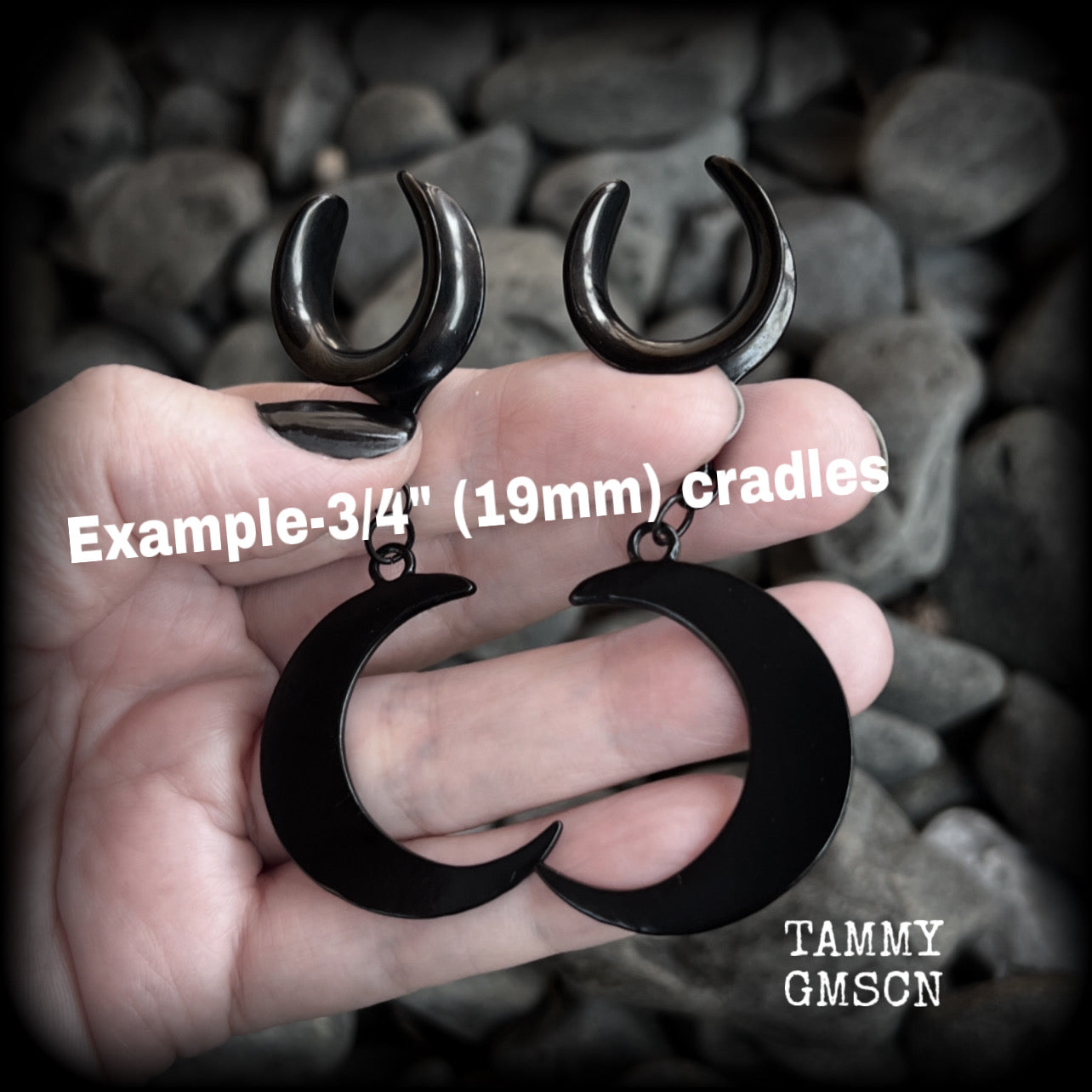 Black moon gauged earrings-Crescent moon ear hangers