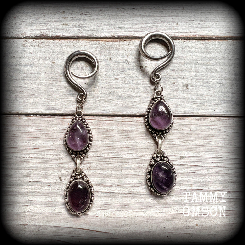 Amethyst jewelry Amethyst ear weights 6 gauge ear weights Ear gauges Amethyst gauged earrings Gemstone tunnel dangles Gemstone ear weights Ear hangers Cottagecore jewelry Stretched ears 4mm 6mm 8mm 10mm 12mm 14mm 16mm 19mm 22mm 25mm 28mm 30mm Gauges