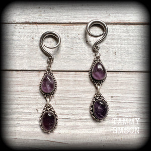 Amethyst jewelry Amethyst ear weights 6 gauge ear weights Ear gauges Amethyst gauged earrings Gemstone tunnel dangles Gemstone ear weights Ear hangers Cottagecore jewelry Stretched ears 4mm 6mm 8mm 10mm 12mm 14mm 16mm 19mm 22mm 25mm 28mm 30mm Gauges