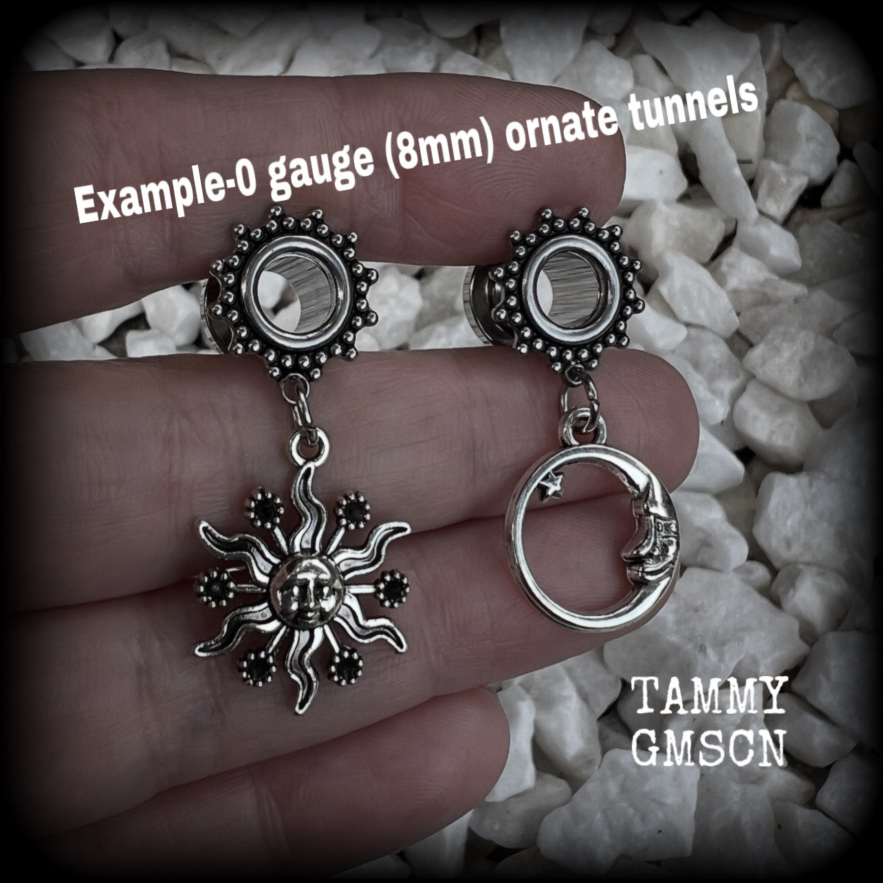 Sun and moon tunnel dangles-Folk horror jewelry for stretched lobes