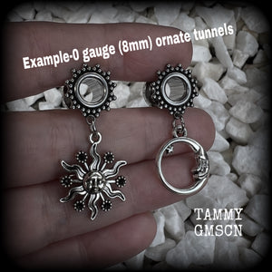 Sun and moon tunnel dangles-Folk horror jewelry for stretched lobes