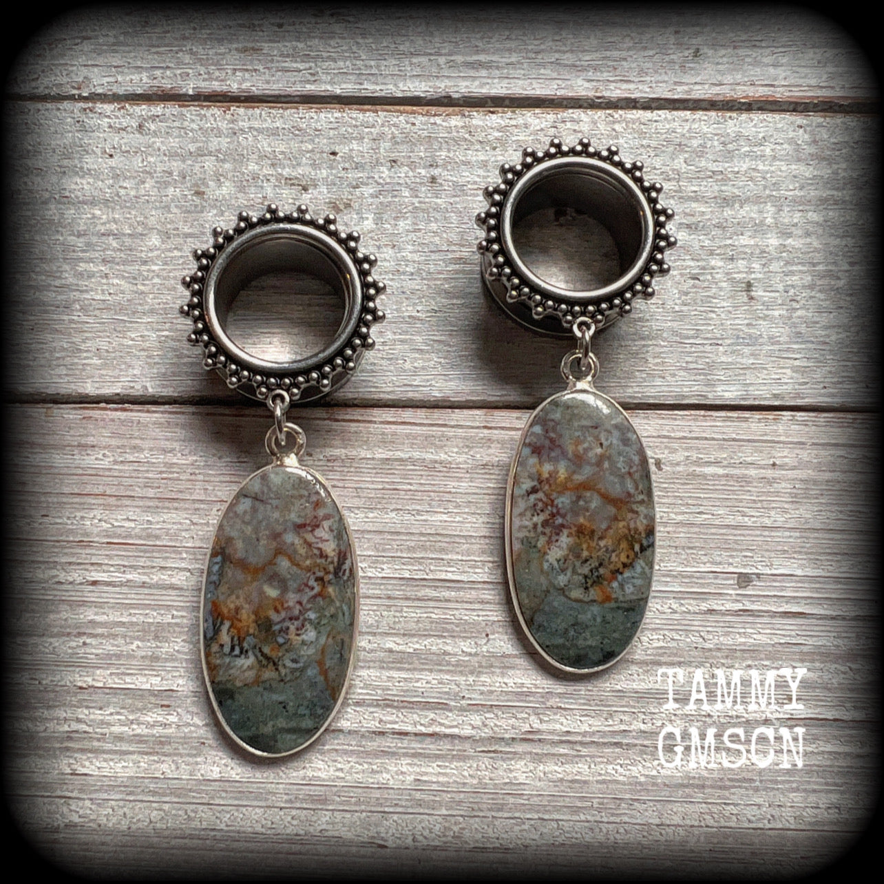 Moss agate tunnel dangles Gemstone tunnel earrings Agate body jewelry 