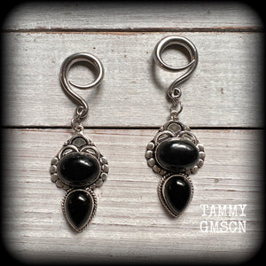 Black obsidian ear weights Gemstone ear hangers Gauged earrings Gothic jewelry 