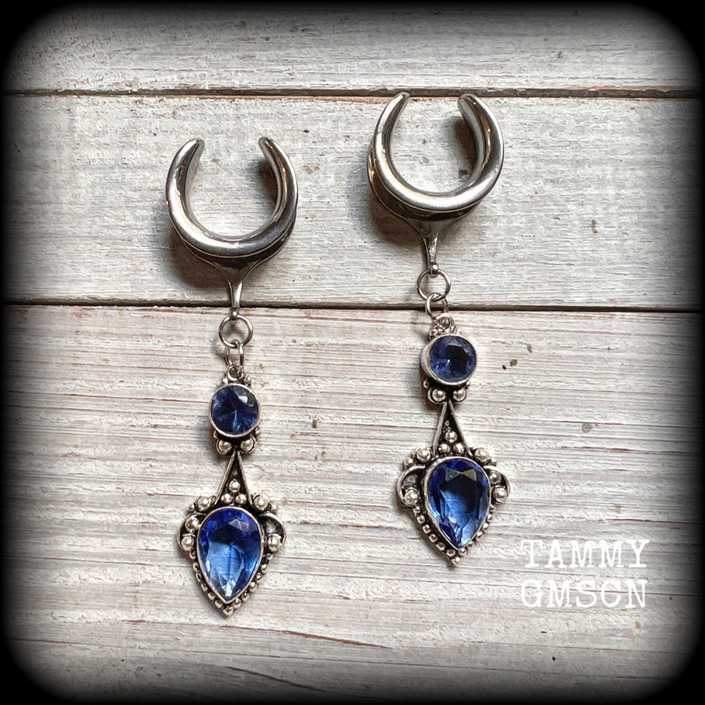 Blue topaz ear hangers Gemstone ear weights Gauged earrings Ear jewelry Stretched lobes