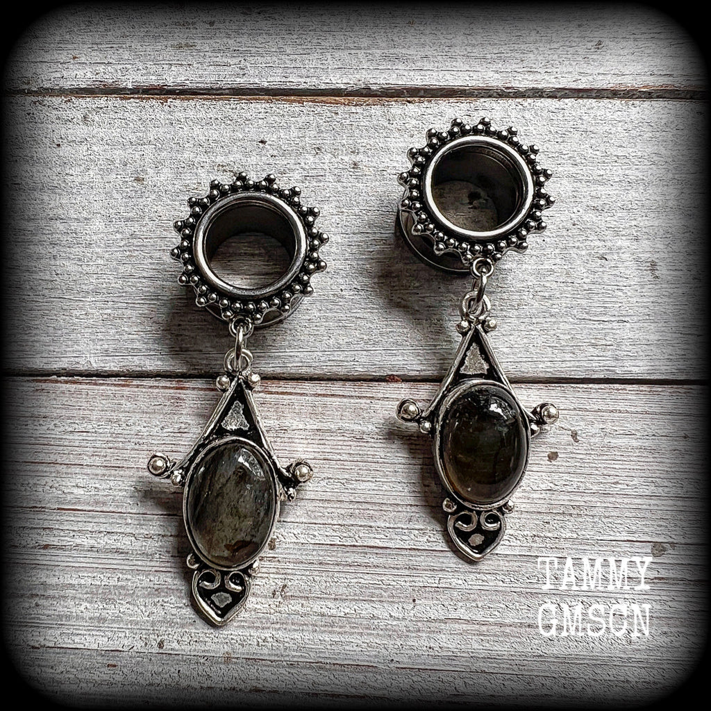 Labradorite tunnel earrings Gemstone tunnel dangles 10mm  12mm  14mm  16mm  19mm tunnels 22mm 25mm Tunnel earrings Tunnel dangles Plugs Plug earrings Gemstone tunnels Gemstone plugs Ear gauges Stretched ears Stretched Lobes Gemstone body jewelry 