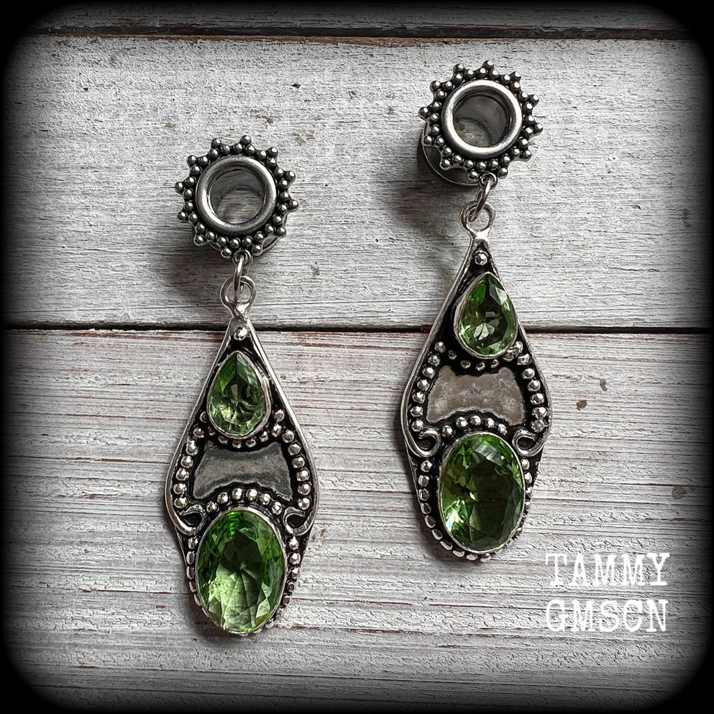 Peridot tunnel earrings Gemstone tunnel dangles 10mm  12mm  14mm  16mm  19mm tunnels 22mm 25mm Tunnel earrings Tunnel dangles Plugs Plug earrings Gemstone tunnels Gemstone plugs Ear gauges Stretched ears Stretched Lobes Gemstone body jewelry 