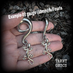 Silver gecko gauged earrings-Lizard ear hangers
