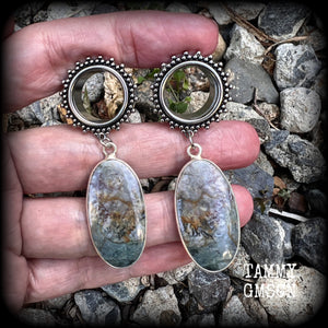 Moss agate tunnel dangles Gemstone tunnel earrings Agate body jewelry 