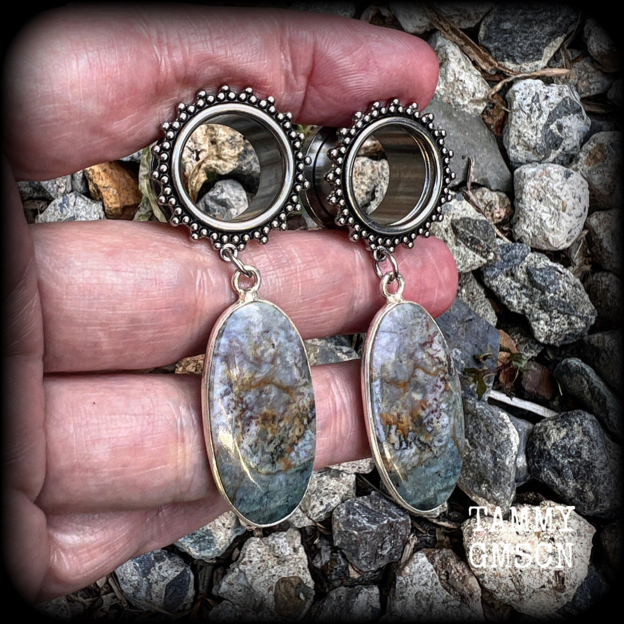 Moss agate tunnel dangles Gemstone tunnel earrings Agate body jewelry 