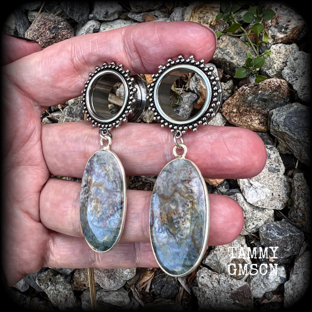 Moss agate tunnel dangles Gemstone tunnel earrings Agate body jewelry 