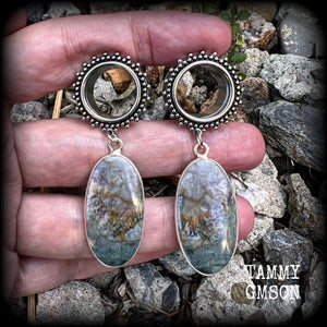 Moss agate tunnel dangles Gemstone tunnel earrings Agate body jewelry 