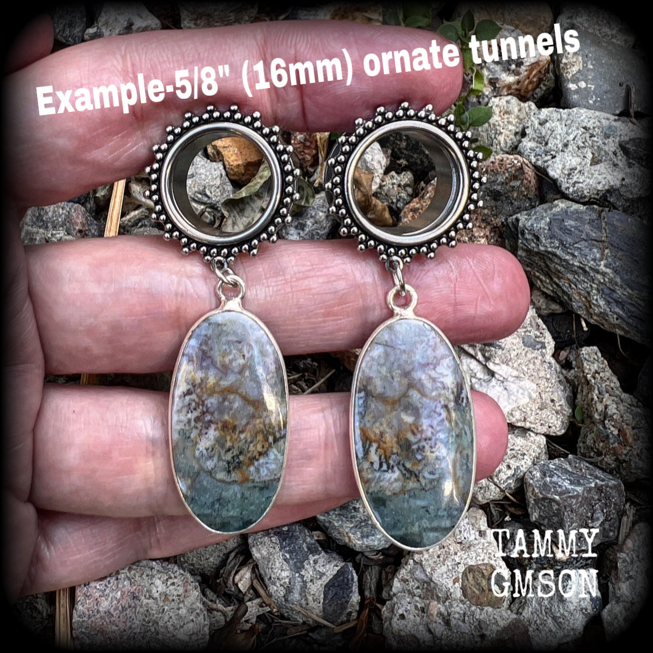 Moss agate tunnel dangles Gemstone tunnel earrings Agate body jewelry 