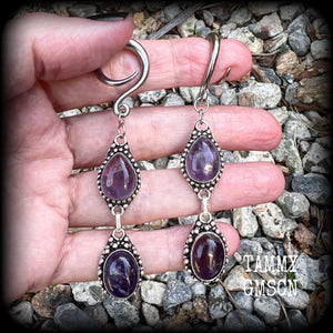 Amethyst earrings Gemstone ear weights Amethyst ear hangers Body jewelry 