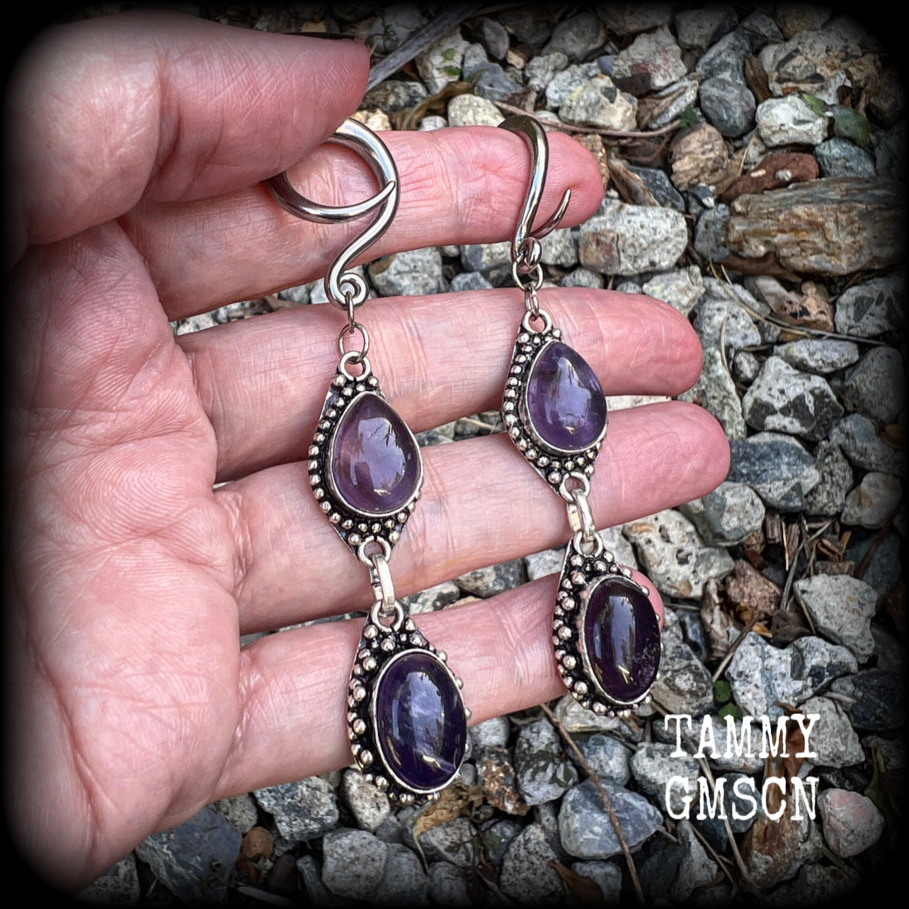 Amethyst earrings Gemstone ear weights Amethyst ear hangers Body jewelry 