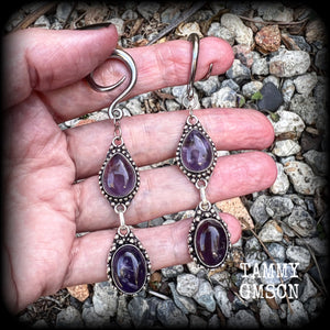 Amethyst jewelry Amethyst ear weights 6 gauge ear weights Ear gauges Amethyst gauged earrings Gemstone tunnel dangles Gemstone ear weights Ear hangers Cottagecore jewelry Stretched ears 4mm 6mm 8mm 10mm 12mm 14mm 16mm 19mm 22mm 25mm 28mm 30mm Gauges