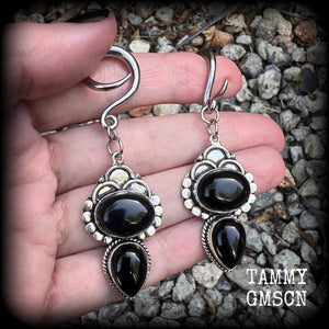 Black obsidian ear weights Gemstone ear hangers Gauged earrings Gothic jewelry 