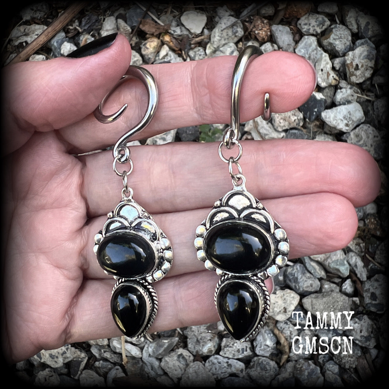 Black obsidian ear weights Gemstone ear hangers Gauged earrings Gothic jewelry 