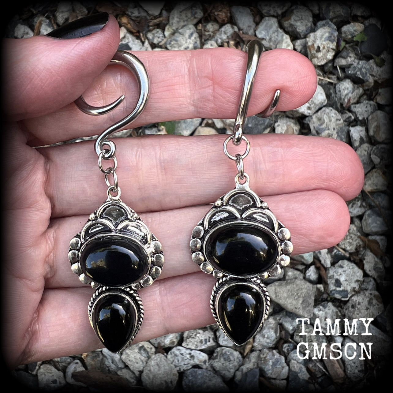 Black obsidian ear weights Gemstone ear hangers Gauged earrings Gothic jewelry 