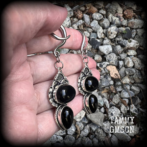 Black obsidian ear weights Gemstone ear hangers Gauged earrings Gothic jewelry 