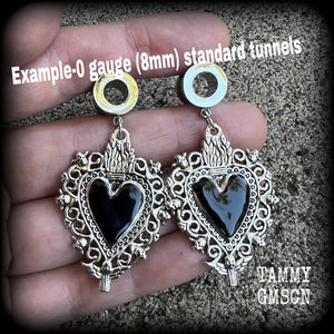 Black sacred heart tunnel earrings with cherbus and filigree details available on a range of different style tunnels from 6mm to 25mm