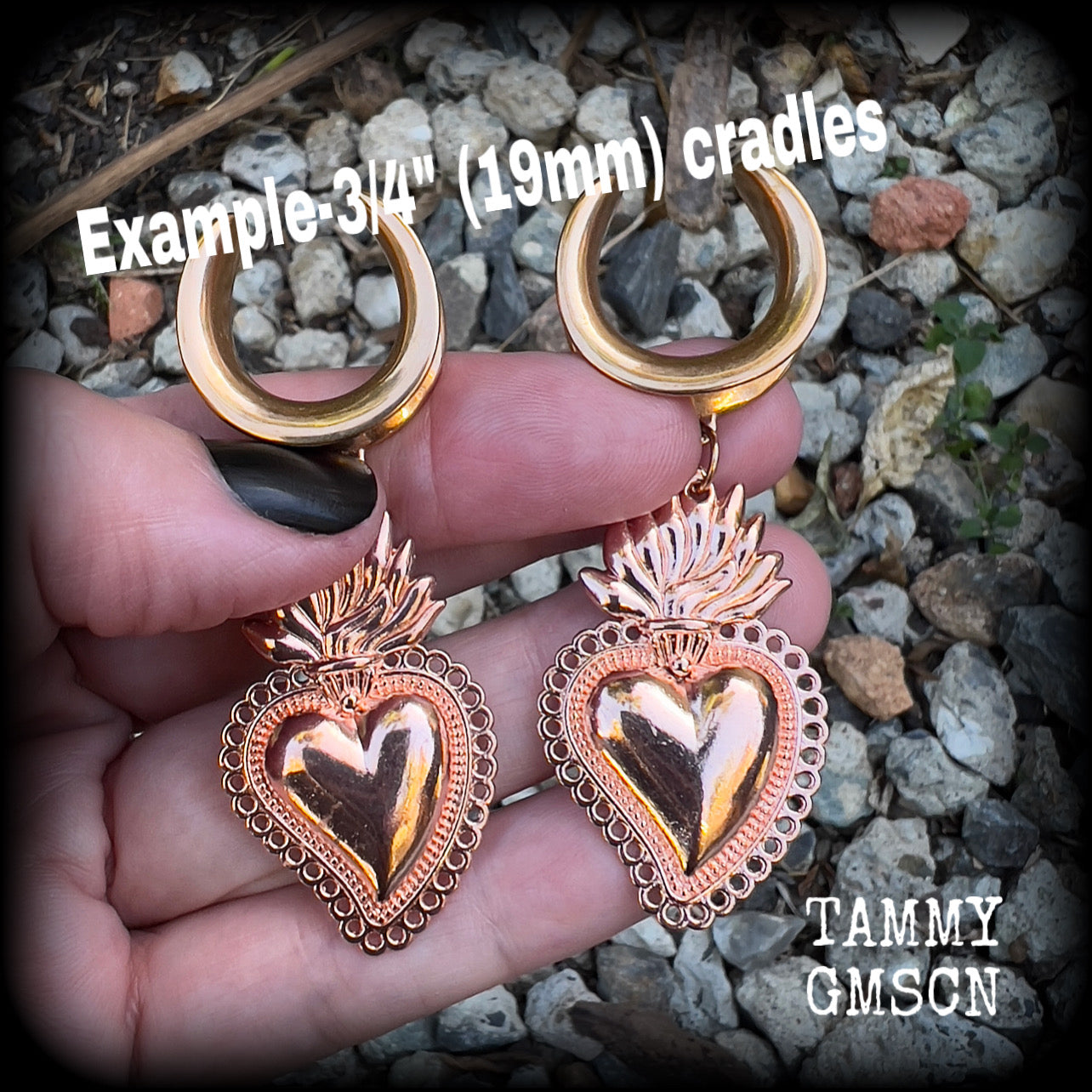 Sacred heart earrings Sacred heart ear weights Milagros heart ear hangers Folk art earrings Folk horror jewelry Ear jewellery Gauged earrings Flaming heart jewellery Santeria Voodoo Vodou Tattoo jewelry