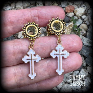 Christian cross earrings Gothic tunnel earrings Tunnel dangles Body jewellery Stretched lobes Gauged earrings 