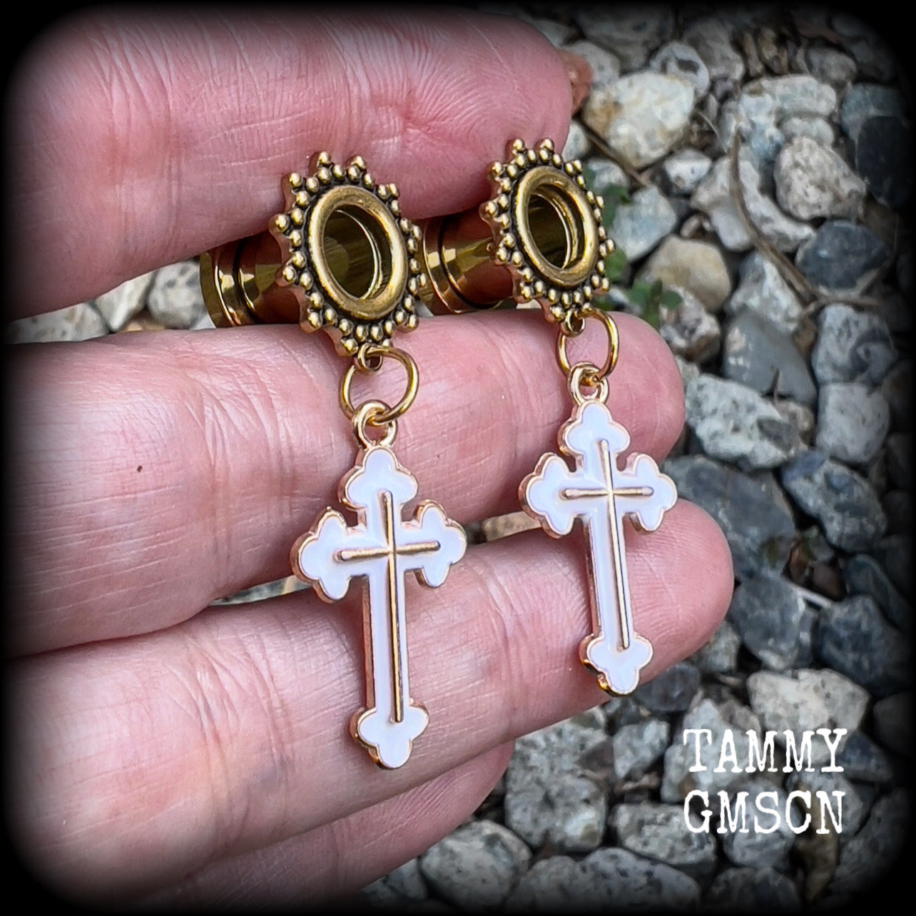 Christian cross earrings Gothic tunnel earrings Tunnel dangles Body jewellery Stretched lobes Gauged earrings 