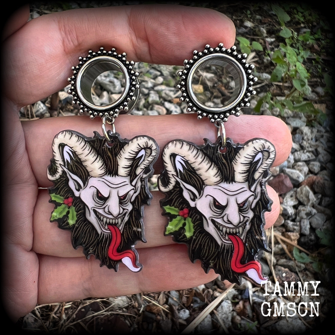 Krampus tunnels earrings Folklore Fairytales Krampus tunnel dangles Plugs Ear gauges Stretched ears Gauged ears Christmas tunnels Stretched lobes Body jewelry Winter Solstice Yuletide Christmas monsters 6mm 8mm 10mm 14mm 16mm 19mm 22mm 25mm 28mm 30mm