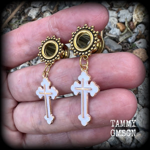 Christian cross earrings Gothic tunnel earrings Tunnel dangles Body jewellery Stretched lobes Gauged earrings 