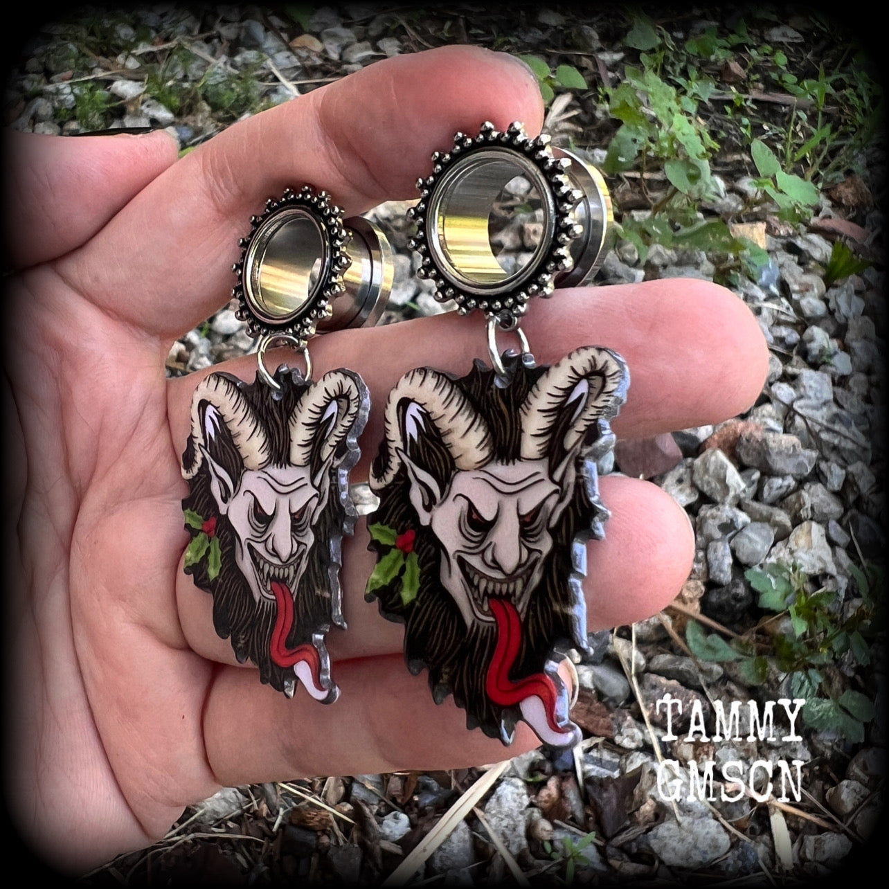 Krampus tunnels earrings Folklore Fairytales Krampus tunnel dangles Plugs Ear gauges Stretched ears Gauged ears Christmas tunnels Stretched lobes Body jewelry Winter Solstice Yuletide Christmas monsters 6mm 8mm 10mm 14mm 16mm 19mm 22mm 25mm 28mm 30mm