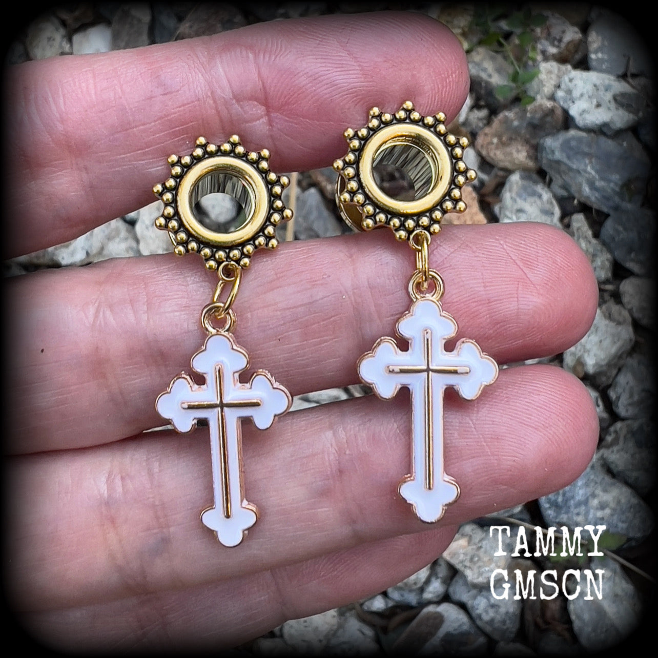 Christian cross earrings Gothic tunnel earrings Tunnel dangles Body jewellery Stretched lobes Gauged earrings 