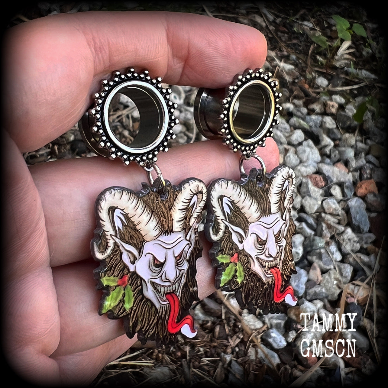 Krampus tunnels earrings Folklore Fairytales Krampus tunnel dangles Plugs Ear gauges Stretched ears Gauged ears Christmas tunnels Stretched lobes Body jewelry Winter Solstice Yuletide Christmas monsters 6mm 8mm 10mm 14mm 16mm 19mm 22mm 25mm 28mm 30mm