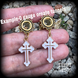 Christian cross earrings Gothic tunnel earrings Tunnel dangles Body jewellery Stretched lobes Gauged earrings 