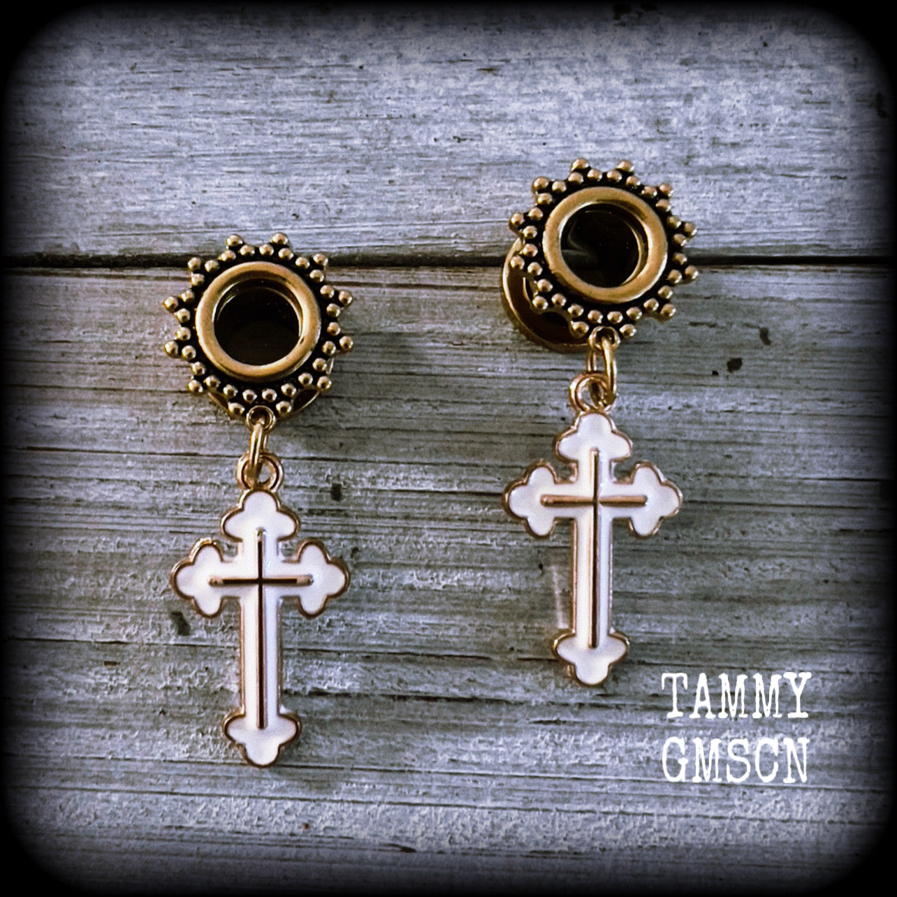 Christian cross earrings Gothic tunnel earrings Tunnel dangles Body jewellery Stretched lobes Gauged earrings 