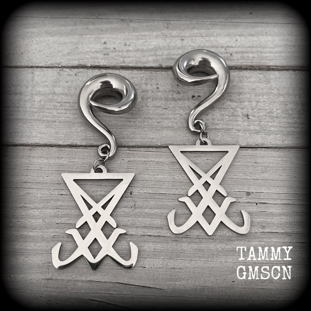 Sigil of Lucifer gauged earrings Satanic jewelry Occult jewelry Ear hangers Sigil jewelry Occult ear weights