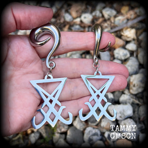 Sigil of Lucifer gauged earrings Satanic jewelry Occult jewelry Ear hangers Sigil jewelry Occult ear weights