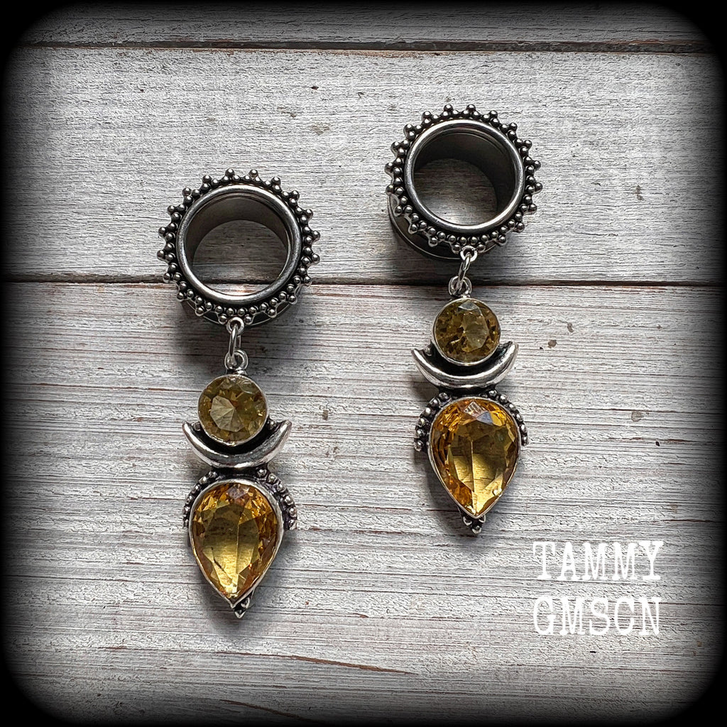 Citrine earrings Gemstone tunnel earrings Gemstone ear hangers 16mm tunnel dangles Gemstone ear weights 