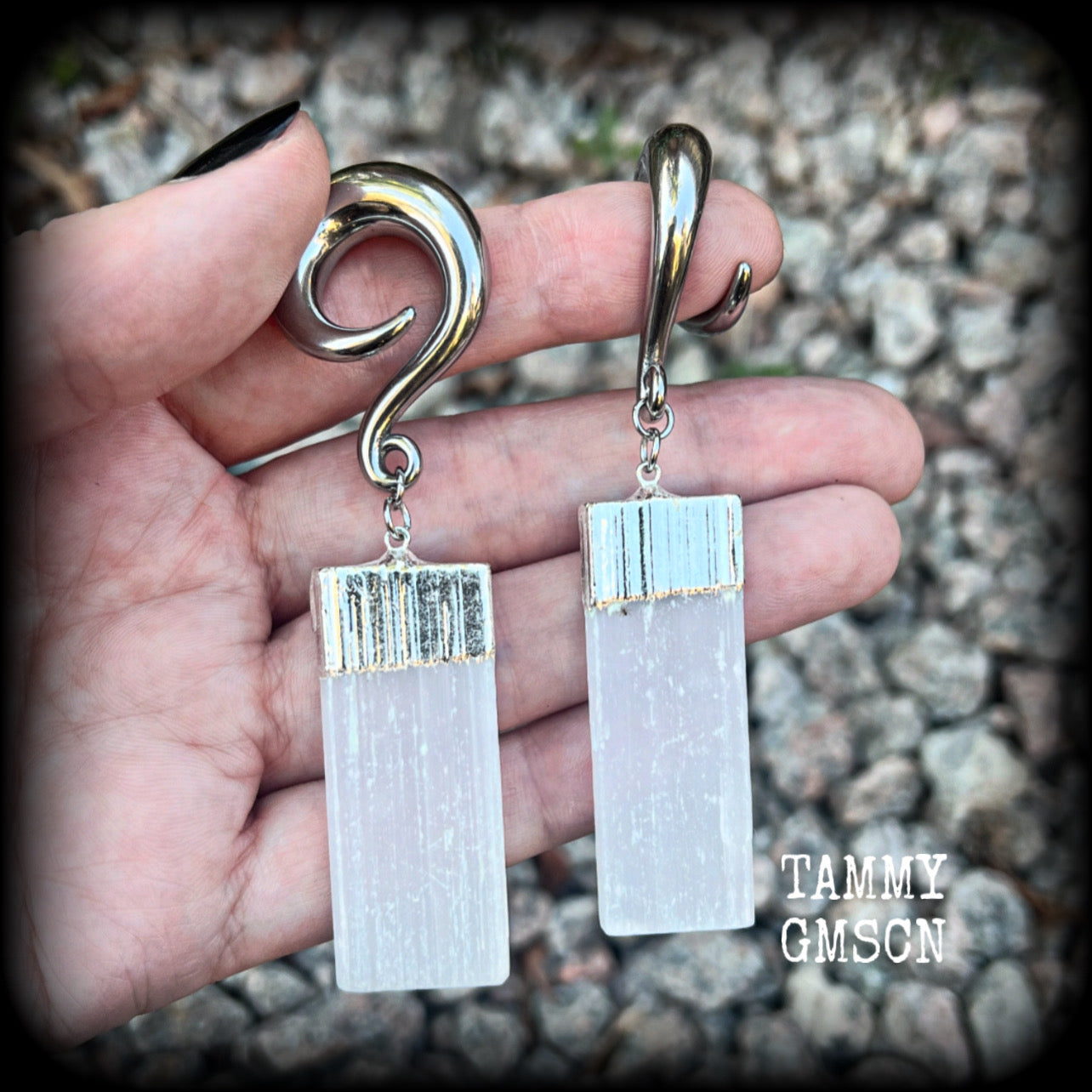 Selenite gauged earrings-Gemstone ear weights