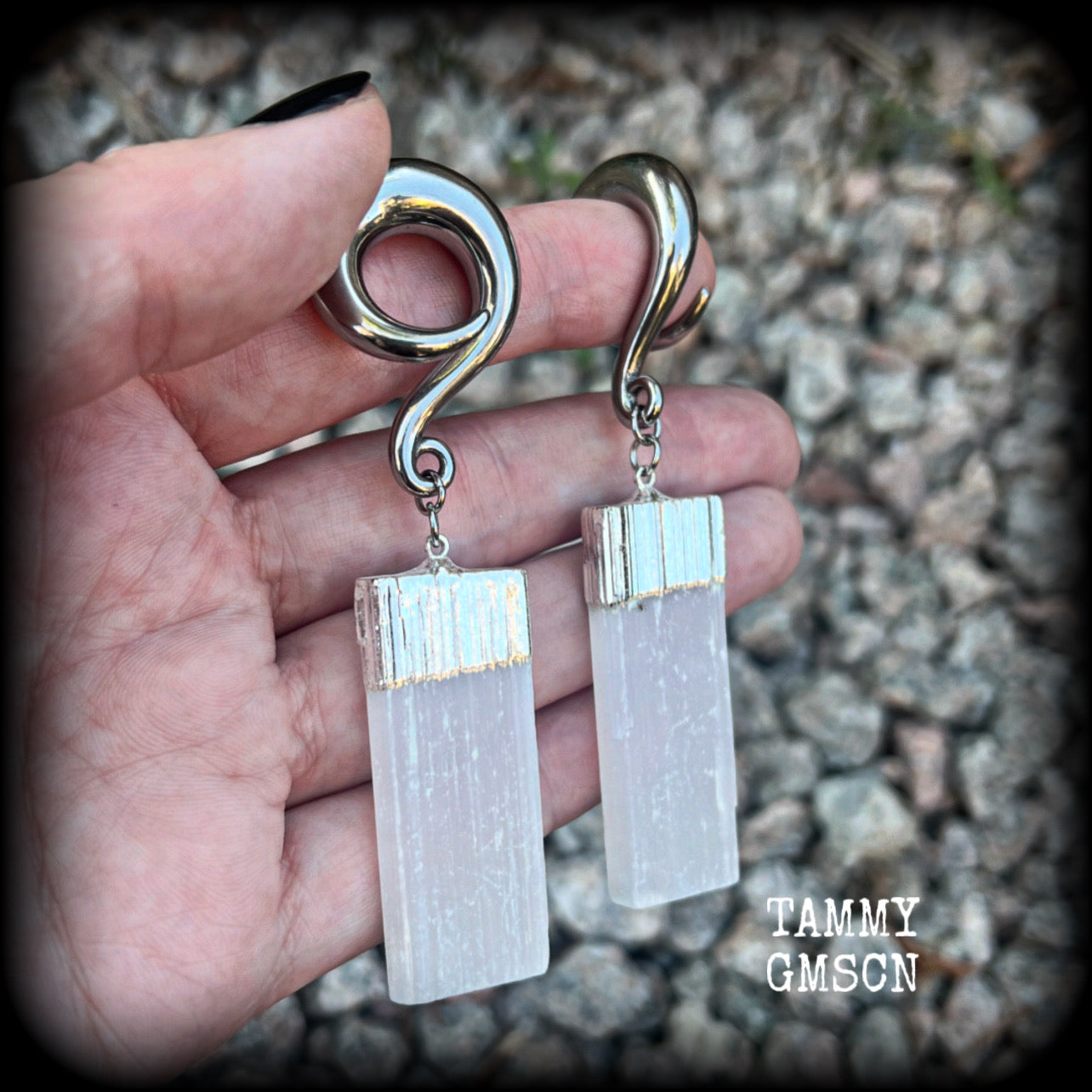Selenite gauged earrings-Gemstone ear weights