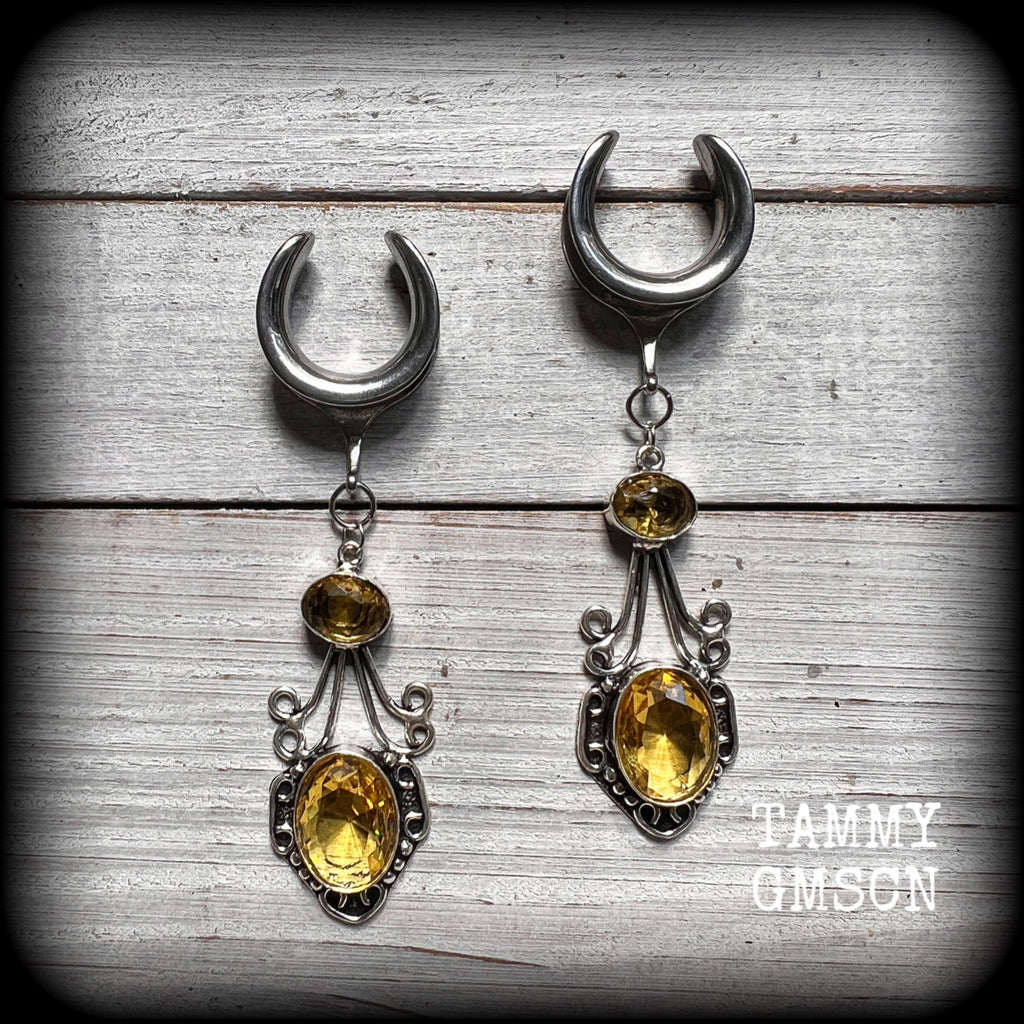 Citrine gauged earrings Gemstone body jewelry Gemstone ear hangers 19mm ear weights Tunnel dangles Gemstone ear weights 