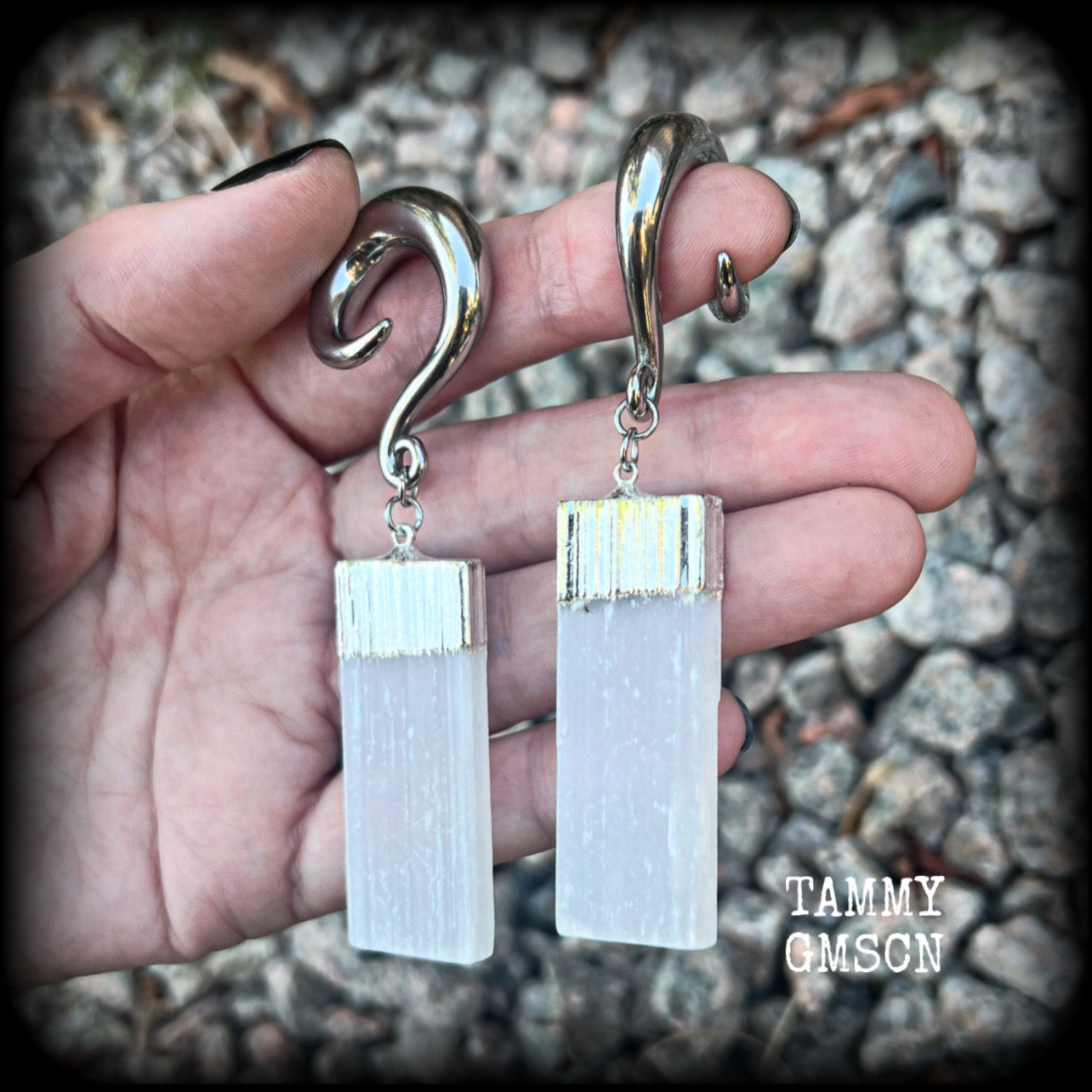 Selenite gauged earrings-Gemstone ear weights