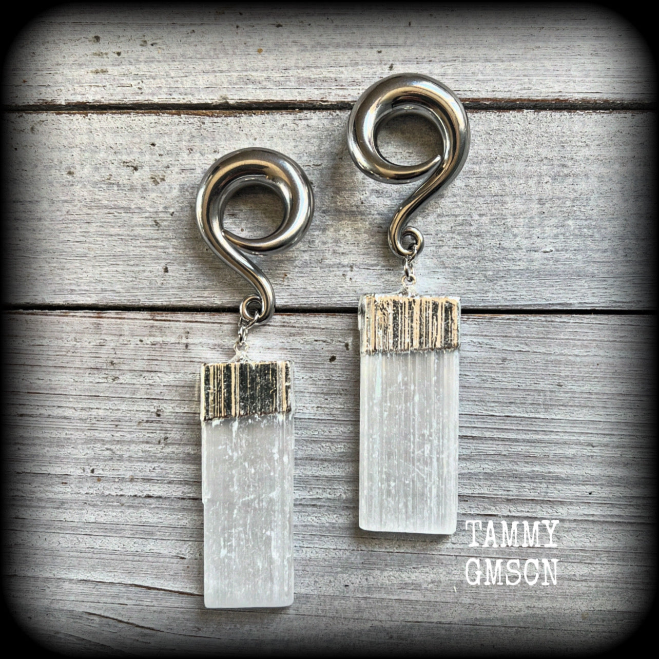 Selenite gauged earrings-Gemstone ear weights