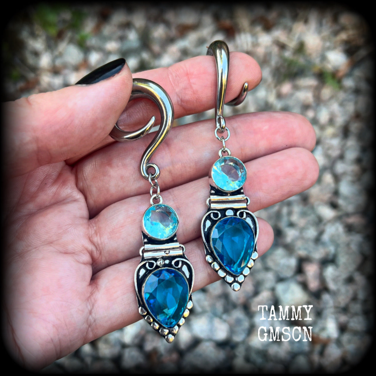 Blue topaz boho gauged earrings-Gemstone ear weights