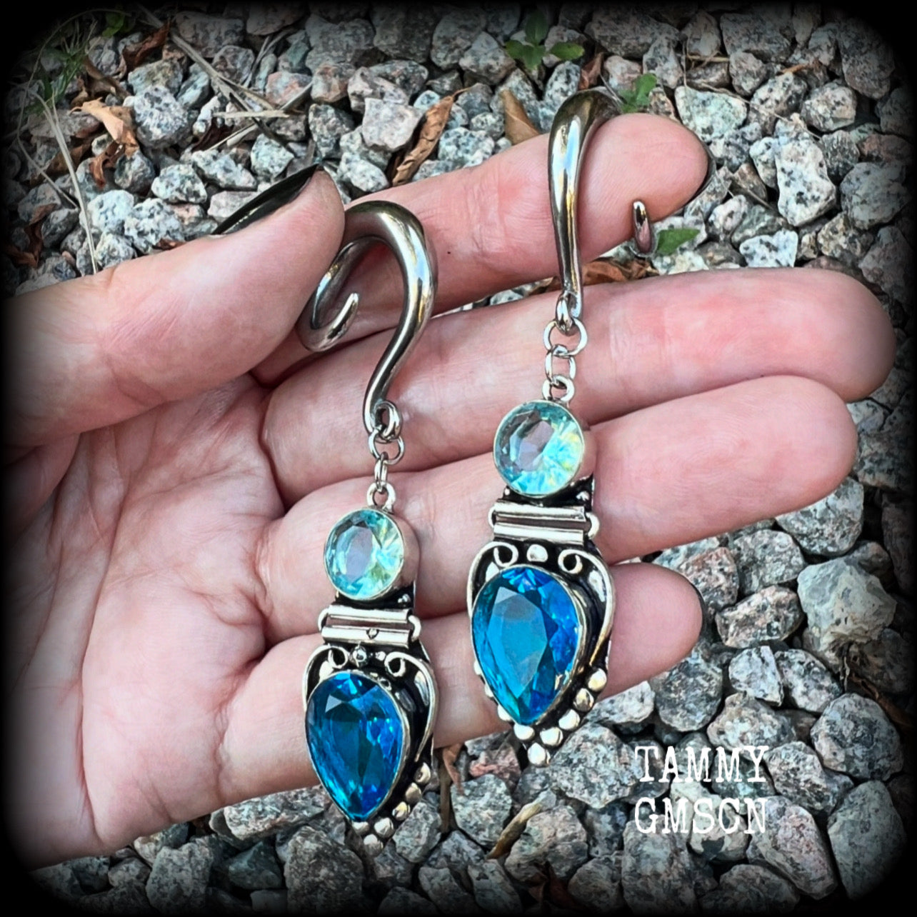 Blue topaz boho gauged earrings-Gemstone ear weights