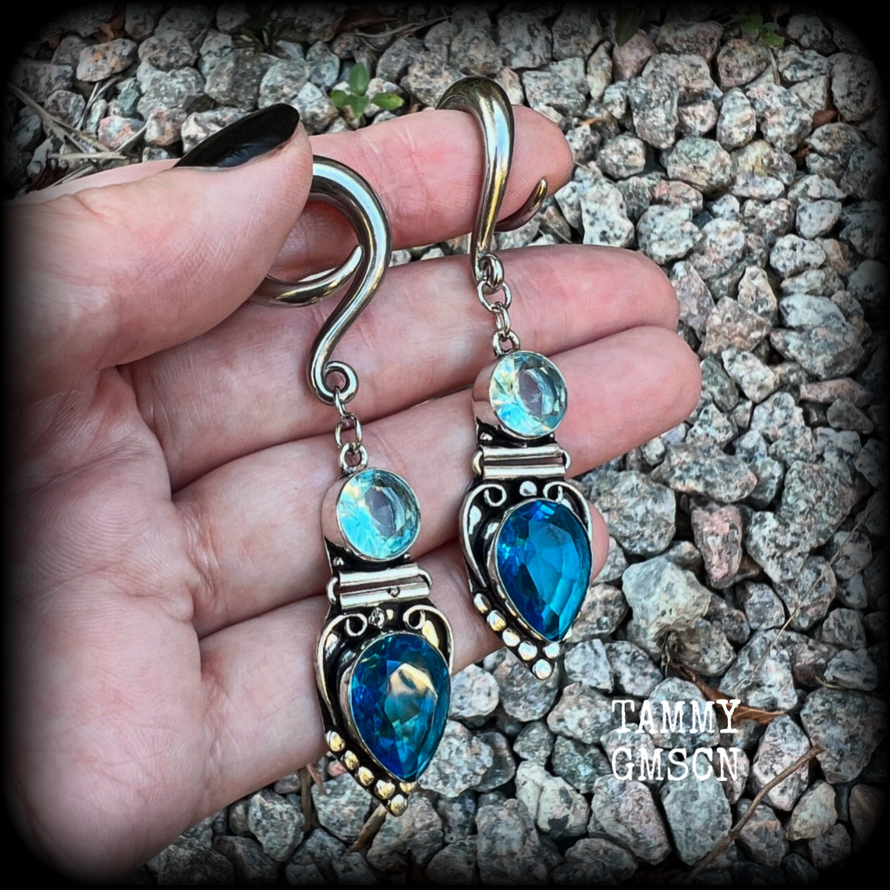 Blue topaz boho gauged earrings-Gemstone ear weights