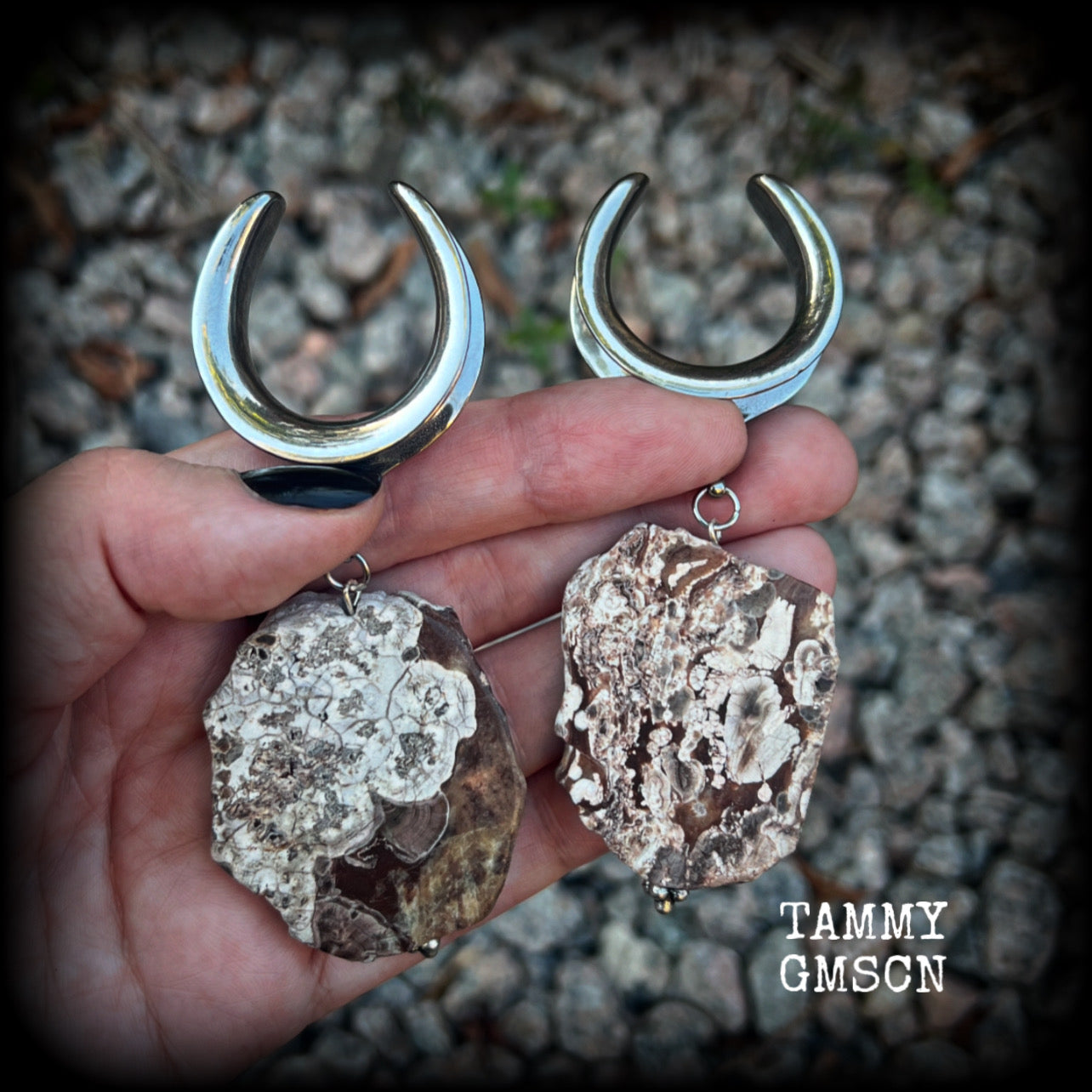 Petrified wood slice ear weights-Unique wood ear hangers