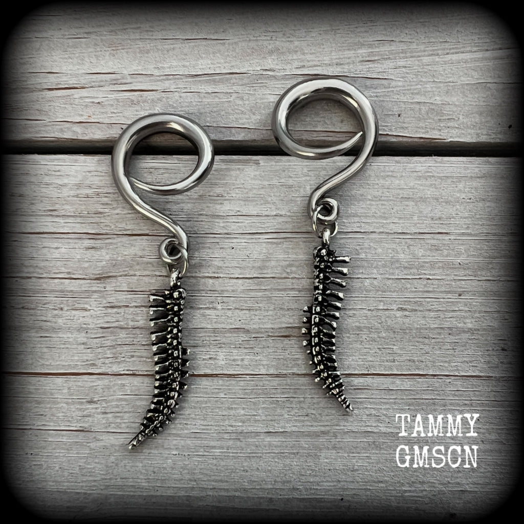 Featuring a pair of awesome antique silver spinal cords, these earrings are super lightweight, weighing in at only 3 grams a piece, and are nice and dangly at just on 5.5cms.

This pair has been made on 6 gauge (4mm) surgical steel full curl hooks, to be worn in stretched lobes.