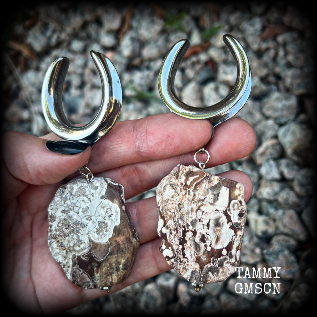 Petrified wood slice ear weights-Unique wood ear hangers