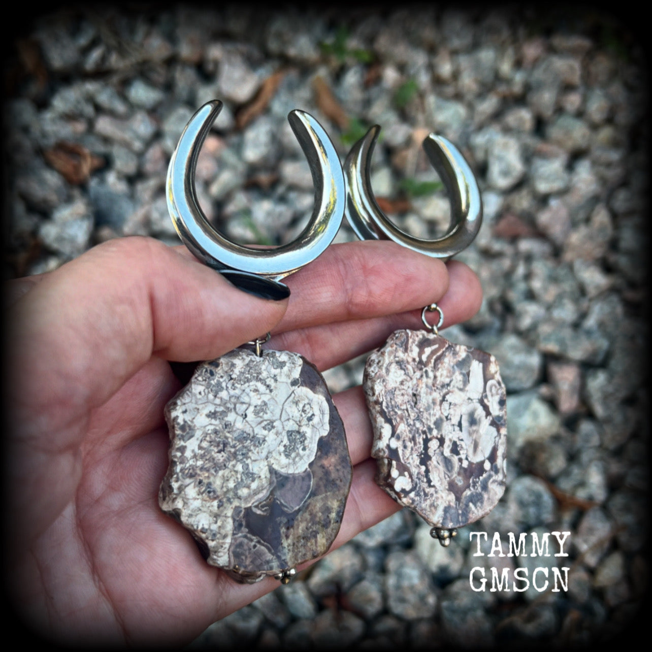 Petrified wood slice ear weights-Unique wood ear hangers