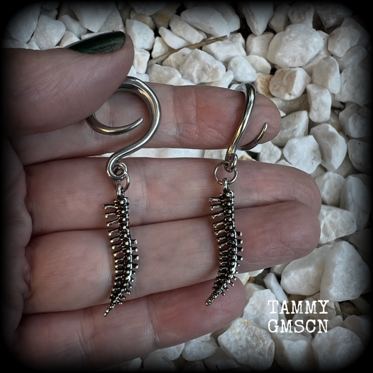 Featuring a pair of awesome antique silver spinal cords, these earrings are super lightweight, weighing in at only 3 grams a piece, and are nice and dangly at just on 5.5cms.

This pair has been made on 6 gauge (4mm) surgical steel full curl hooks, to be worn in stretched lobes.